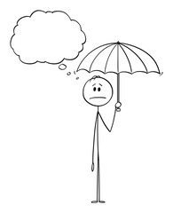 Canvas Print - Vector cartoon stick figure drawing conceptual illustration of man or businessman holding umbrella. There is empty speech bubble for your text.