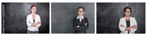 Fotomural Set of Serious teacher woman looking at you on blackboard