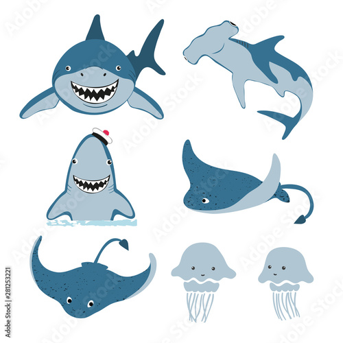 Set of cute cartoon sea animals. Vector illustration of shark, skate ...