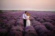 Young couple standing in middle of blooming lavender field at sunrise