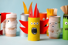 Halloween And Decoration Concept - Monsters From Toilet Paper Tube/ Simple Diy Creative Idea. Eco-friendly Reuse Recycle Decor
