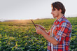 Portrait of a young agronomist standing in a corn field and holding a smartphone
