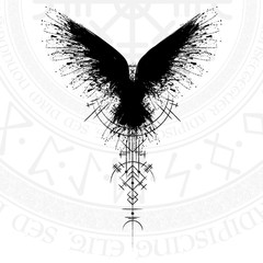 Poster - Black grunge bird silhouette with viking symbol on white background