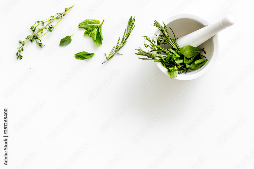 Alternative medicine with medicinal herbs on white background top view mock up - obrazy, fototapety, plakaty 