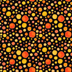 Watercolor abstract seamless pattern. Hand drawn bright yellow, orange and red spots on black background. Colorful happy summer dot print