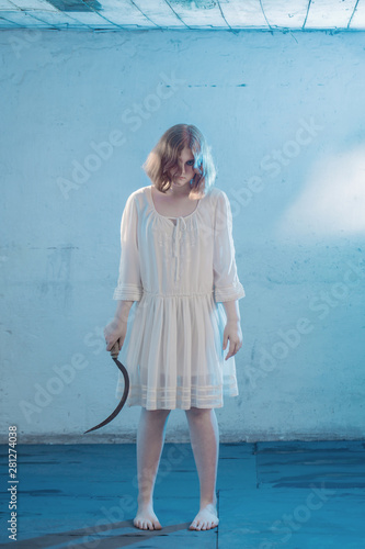 Scary Girl In White Dress From Horror Film In Room Kaufen