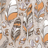 Seamless pattern of feathers, beads, crystals. Vintage vector illustration.