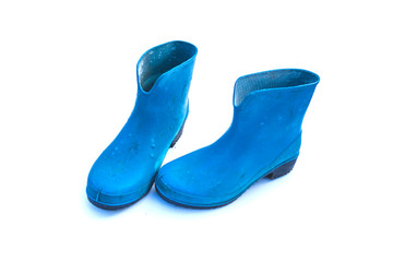 blue rubber waterproof boots on white background.