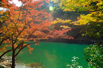  beautiful scene with Hozugawa river in Arashiyama park in autumn season, Kyoto, Japan