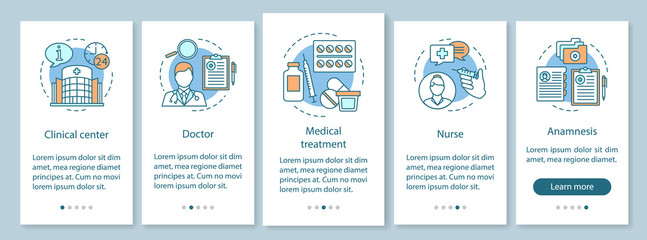 Wall Mural - medicine and healthcare onboarding mobile app page screen vector template. medical care, treatment p
