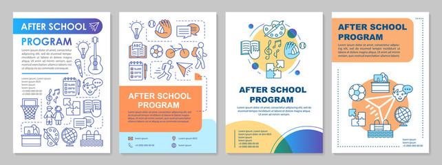 Wall Mural - After school program cover design brochure template layout. Afterschool learning center. Flyer, booklet, leaflet print design with linear illustrations. Vector page layouts for annual reports, posters