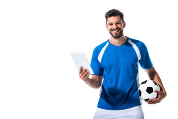 smiling handsome soccer player with ball and Digital Tablet Isolated On White