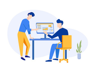 Company Strategy Planning teamwork Concept. Office workplace for Business Analysis. Meeting, discussion, presentation, workspace. Vector illustration