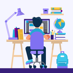 Wall Mural - boy sitting at the desk, learning with computer. concept illustration for online learning, education