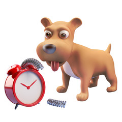 Wall Mural - 3d cute puppy dog has broken the alarm clock, 3d illustration