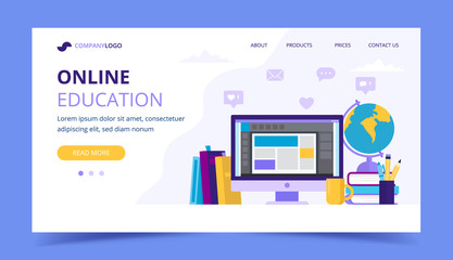 Wall Mural - online education landing page with a computer and different books. vector illustration in flat style