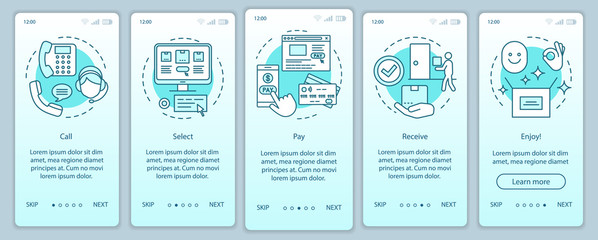 Online shopping onboarding mobile app page screen with linear concepts. Call, select, pay, receive, enjoy. Steps graphic instructions. UX, UI, GUI vector template with illustrations