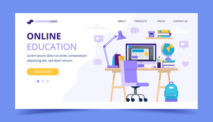 Wall Mural - online education landing page with a student desk with different studying items. vector illustration