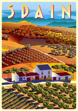Summer Day In Spain With Ranches, Vineyards, Olive Groves, Fields And Hills In The Background. Handmade Drawing Vector Illustration. Poster In The Art Deco Style.