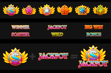 Creations slot machine and Game icons. Vector Colorful jewelry stones. Icons constructor. Game asset for casino and UI on separate layers