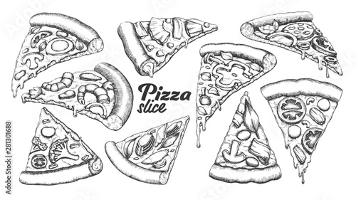 Fotomural Assortment Different Slice Pizza Set Ink Vector