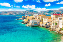 Colorful Landscape Of Greek Island Syros. Ermoupoli Town Along The Aegean Sea, Greece.