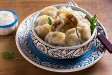 Dumplings Stuffed With Meat. Pierogi, Varenyky, Vareniki, Pyrohy - Dumplings With Filling, Popular Dish In Many Countries.