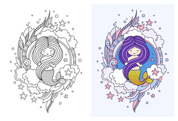 Gorgeous mermaid with dark violet hair. Doodle style. Print, poster, postcard, banner, vector illustration.