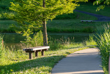 A Quiet Spot With Park Benches Along A Curved Walking Path Next To A Pond.