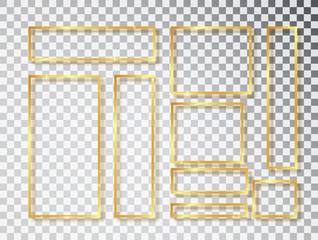 Wall Mural - gold shiny glowing frames set with shadows isolated on transparent background. pack of luxury realis