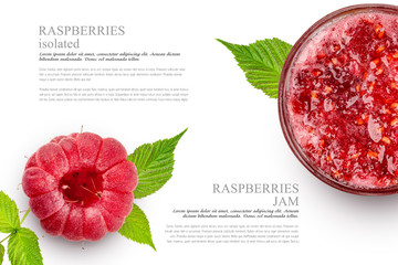 Wall Mural - Raspberry and raspberry jam in a glass jar. Isolated on white background .Element design. Flyer template