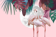 Moon And Flamingo Background Design With Tropical Leaves, Can Be Used As Background, Wallpaper