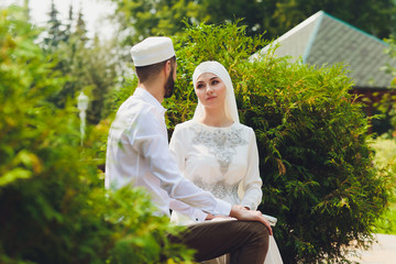 National wedding. Bride and groom. Wedding muslim couple during the marriage ceremony. Muslim marriage.