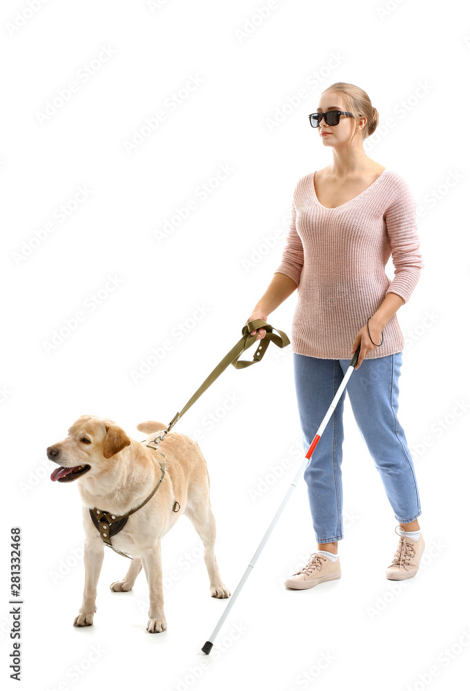 Young blind woman with guide dog on white background