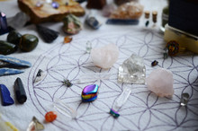 Meditation Grid Kit. Quartz Tower, Natural Citrine, Quartz Points. Variety Of Colorful Crystals On Textured Background. Healing Crystal Bundle Alter Set, Wiccan Witchcraft, Crystal Healing Decor