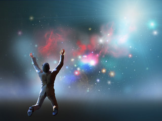 Wall Mural - man stands watching with wonder the universe and amazement galaxy fill the night sky 3d render