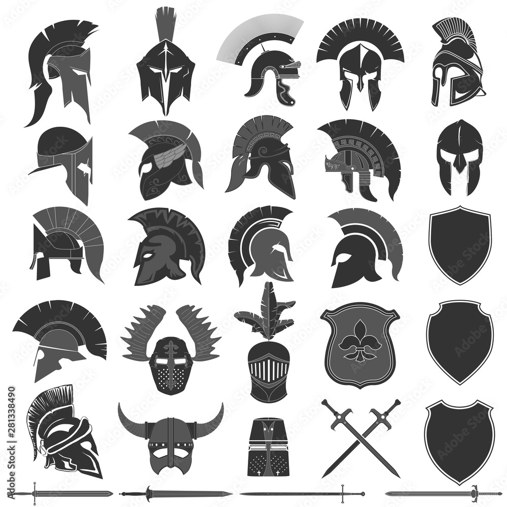 Spartan Helmet logo set, Greek warrior. Spartan warrior Helmet - obrazy, fototapety, plakaty 