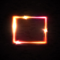 Red and yellow neon glowing frame isolated on black brick texture wall background. Colorful design laser show modern border. Futuristic light effect. Club show music video presentation vector design.