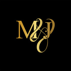 Wall Mural - Initial letter M & J MJ luxury art vector mark logo, gold color on black background.