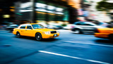 Fototapeta Koty - Yellow cab taxi traditional of New York City in fast movement with motion blur panning, in the busy streets of Manhattan, accelerating traffic moves during evening.