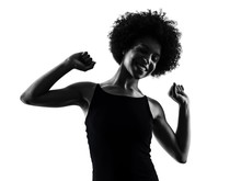 One Mixed Race African Young Teenager Girl Woman Happy Dancer Dancing In Studio Shadow Silhouette Isolated On White Background