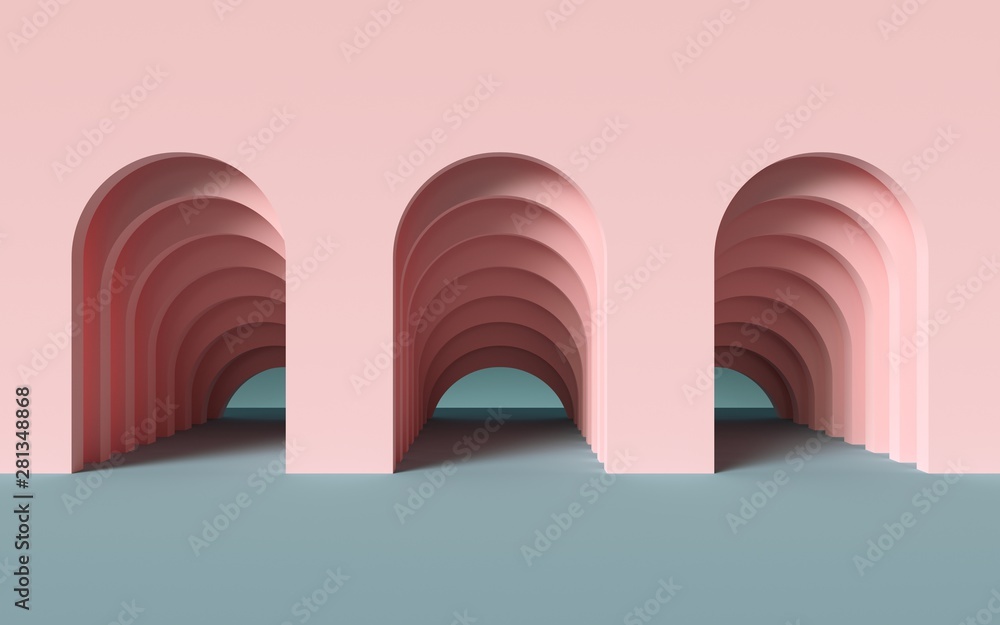 3d render, abstract simple geometric background, architectural concept, arch inside pink wall, paper layers - obrazy, fototapety, plakaty 