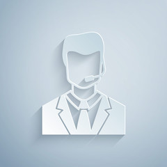 Sticker - Paper cut Man with a headset icon isolated on grey background. Support operator in touch. Concept for call center, client support service. Paper art style. Vector Illustration