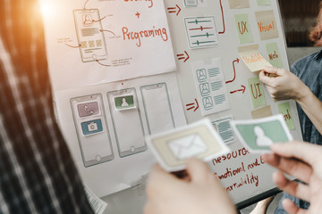 Graphic designers work together with computer designing application for mobile phone, Graphic designers concept