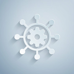 Poster - Paper cut Project management icon isolated on grey background. Hub and spokes and gear solid icon. Paper art style. Vector Illustration