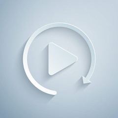 Poster - paper cut video play button like simple replay icon isolated on grey background. paper art style. ve