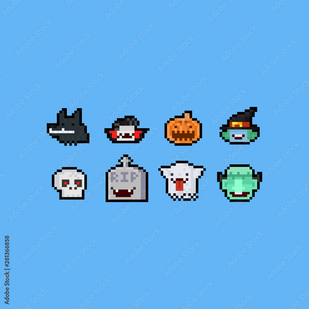 Pixel art halloween cartoon head set.8bit. Stock Vector | Adobe Stock