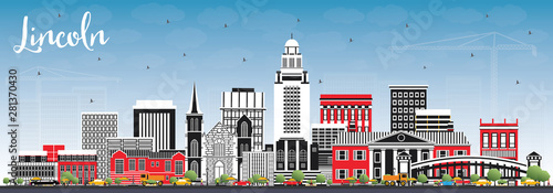 Cuadros en Lienzo Lincoln Nebraska City Skyline with Color Buildings and Blue Sky.