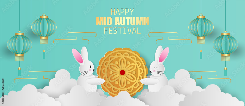Mid autumn festival greeting card with cute rabbit and moon cake with ...