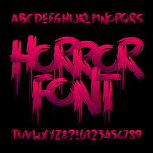 Horror Alphabet Font. Uppercase Handwritten Bloody Letters And Numbers. Stock Vector Typeface For Your Design.